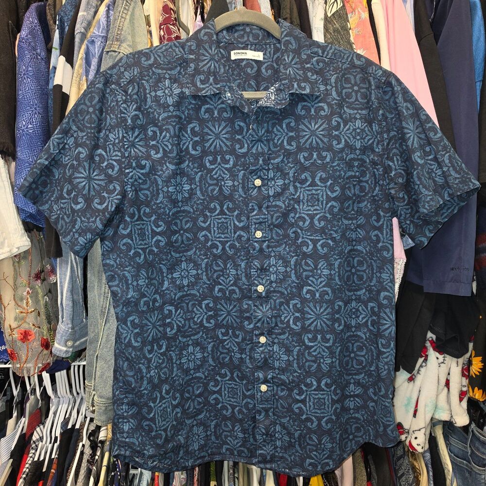 Sonoma Goods For Life Mens L Short Sleeve Button Down Shirt Indigo Tile Floral